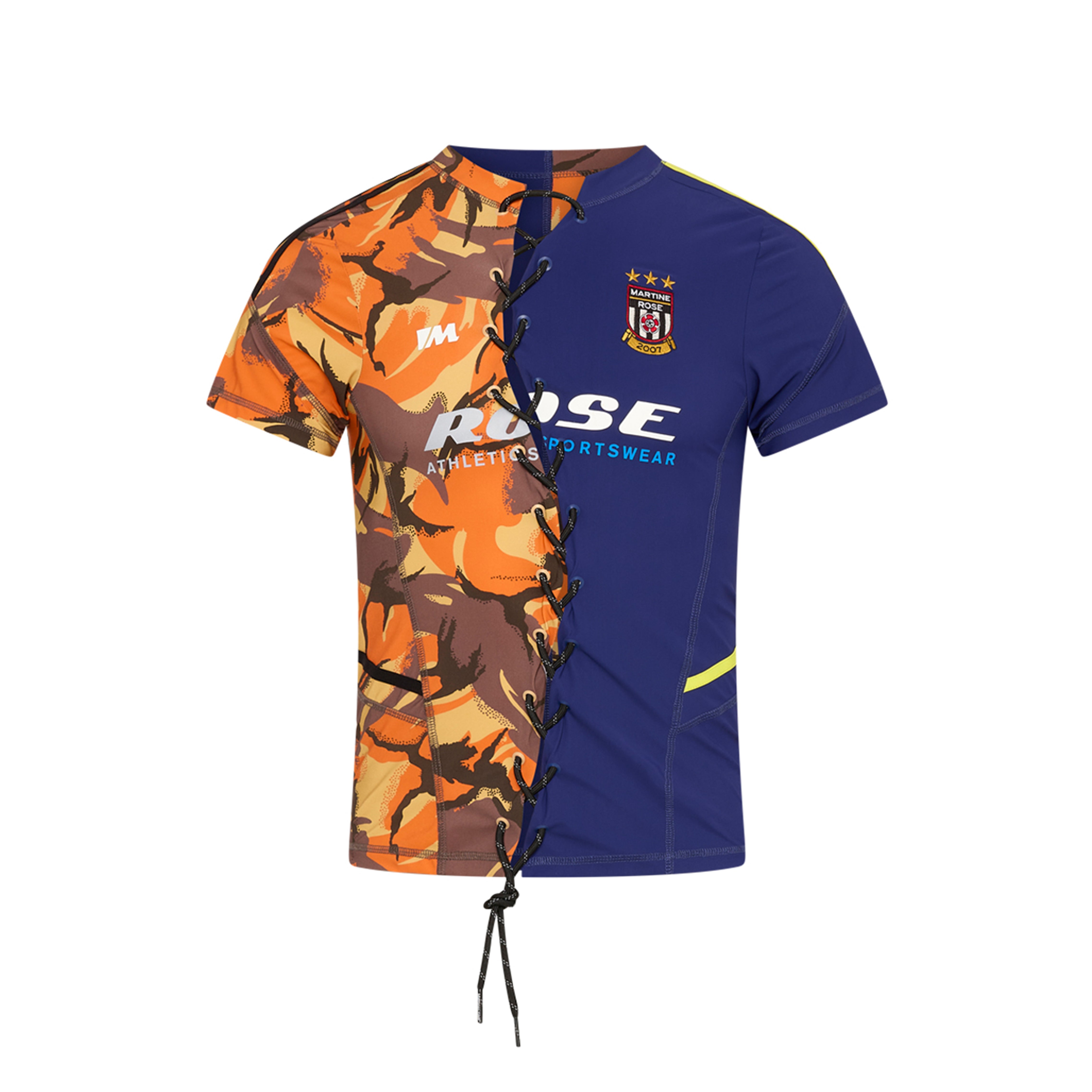 LACE UP FOOTBALL TOP in ORANGE & BLUE CAMO | Martine Rose