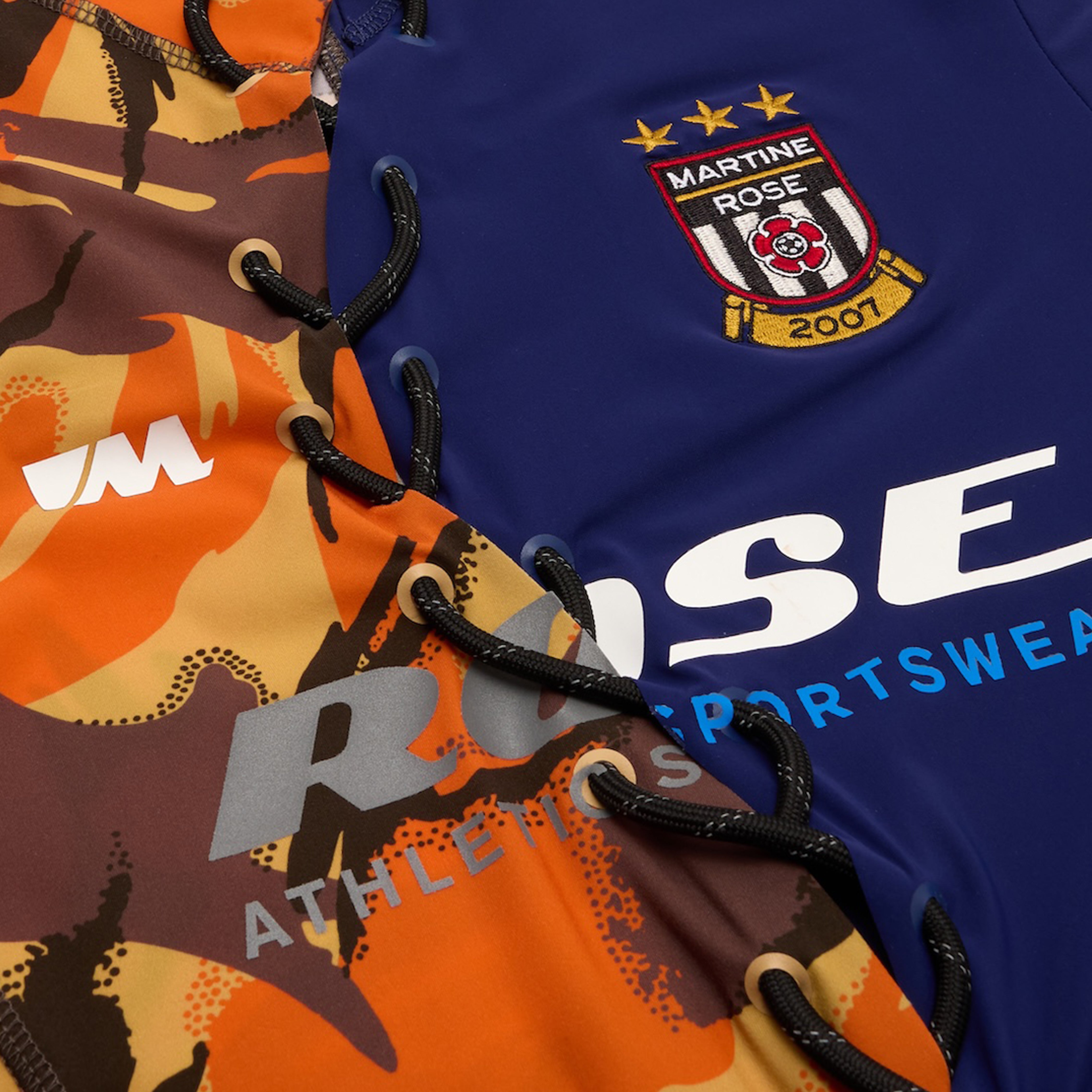 LACE UP FOOTBALL TOP in ORANGE & BLUE CAMO | Martine Rose