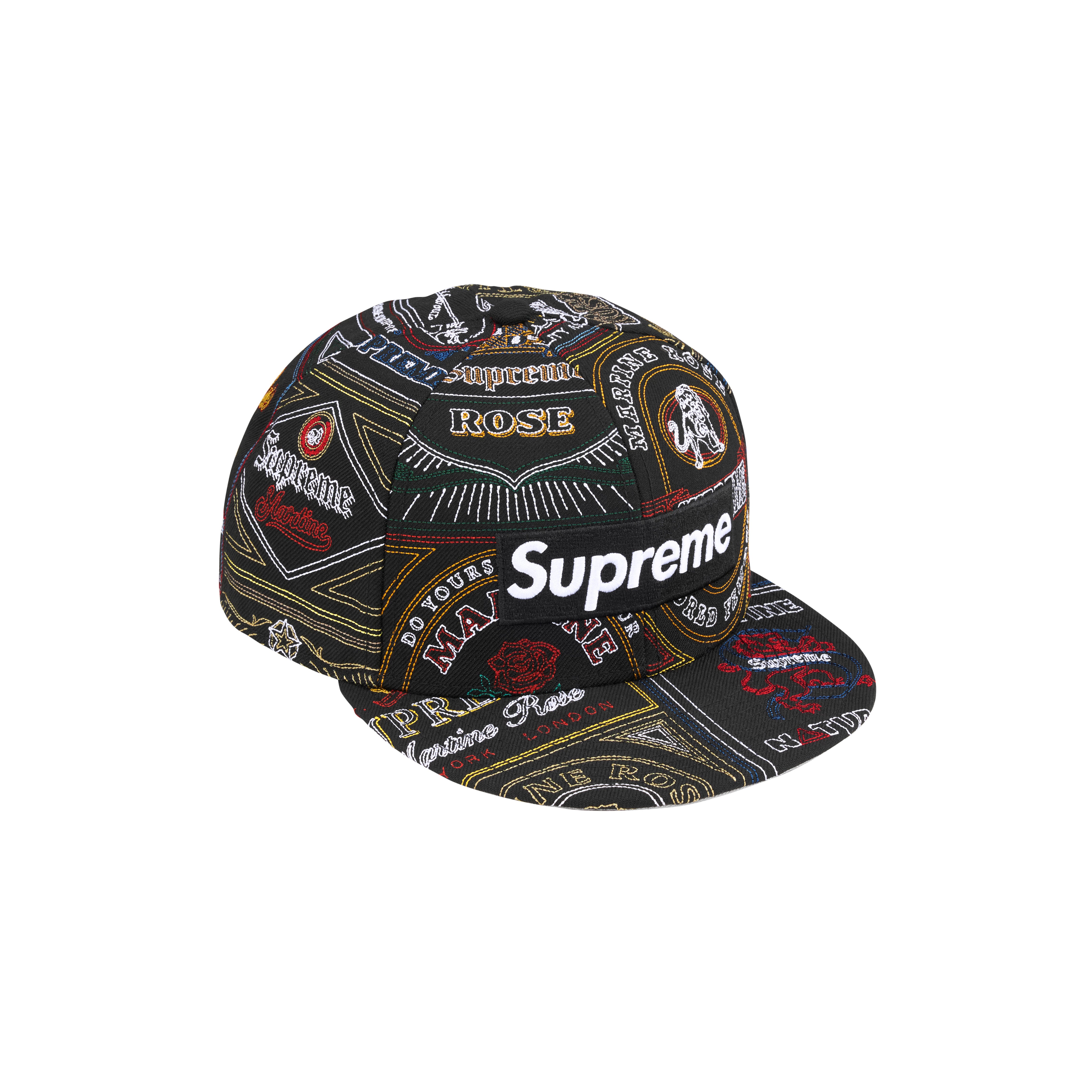 PREORDER SUPREME®/MARTINE ROSE® PATCHWORK LABELS BOX LOGO LEATHER NEW ERA® in BLACK MULTI | Martine Rose