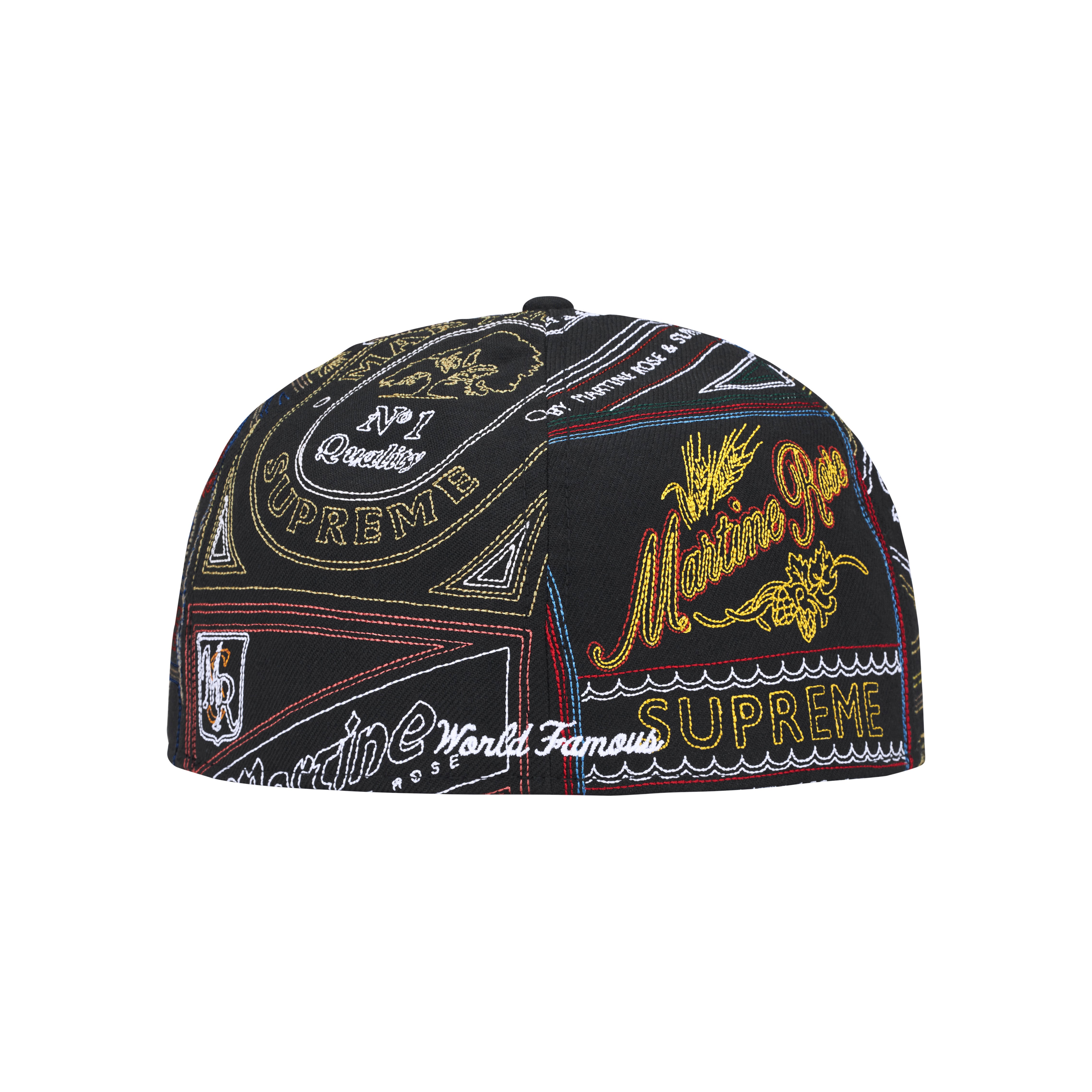 PREORDER SUPREME®/MARTINE ROSE® PATCHWORK LABELS BOX LOGO LEATHER NEW ERA® in BLACK MULTI | Martine Rose