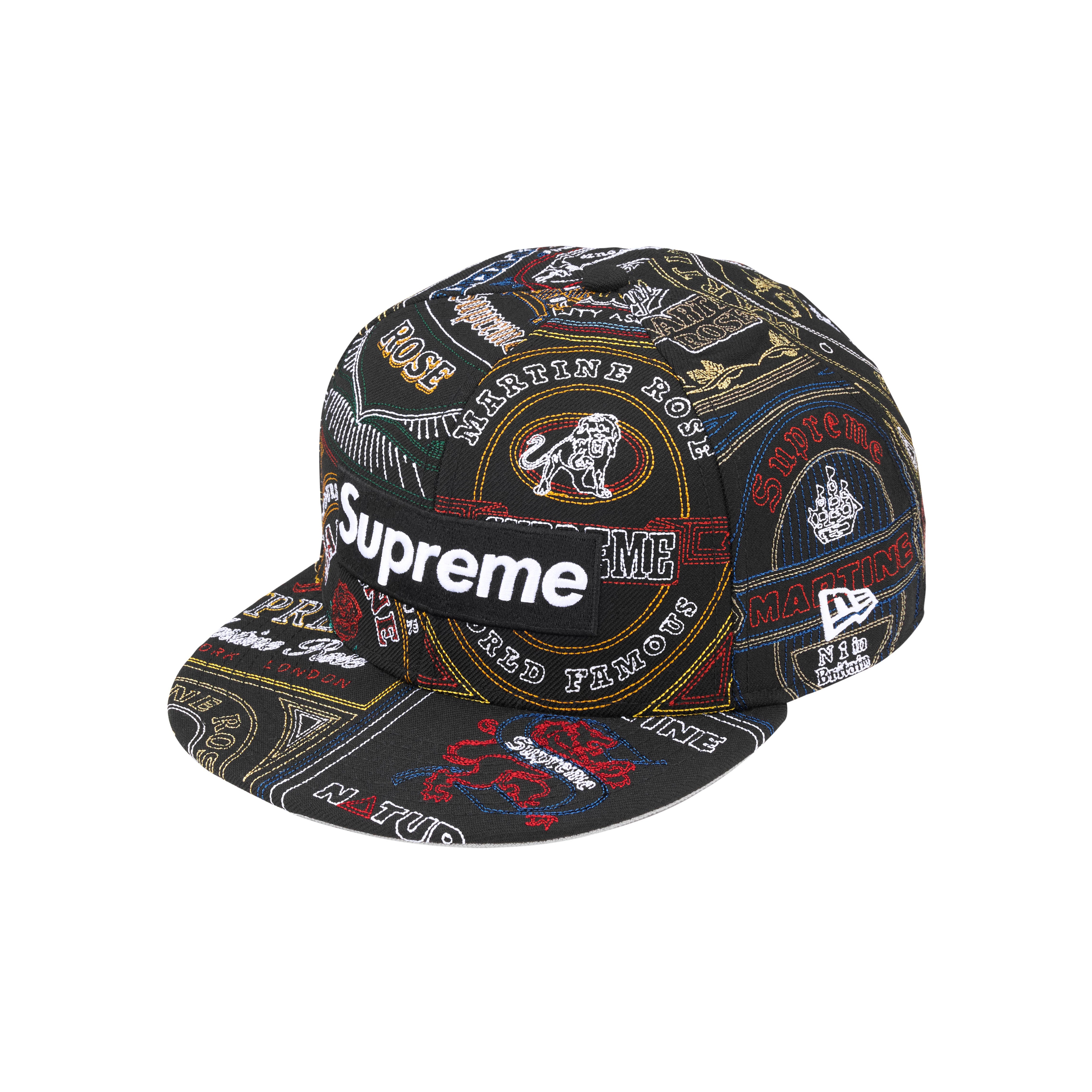 PREORDER SUPREME®/MARTINE ROSE® PATCHWORK LABELS BOX LOGO LEATHER NEW ERA® in BLACK MULTI | Martine Rose