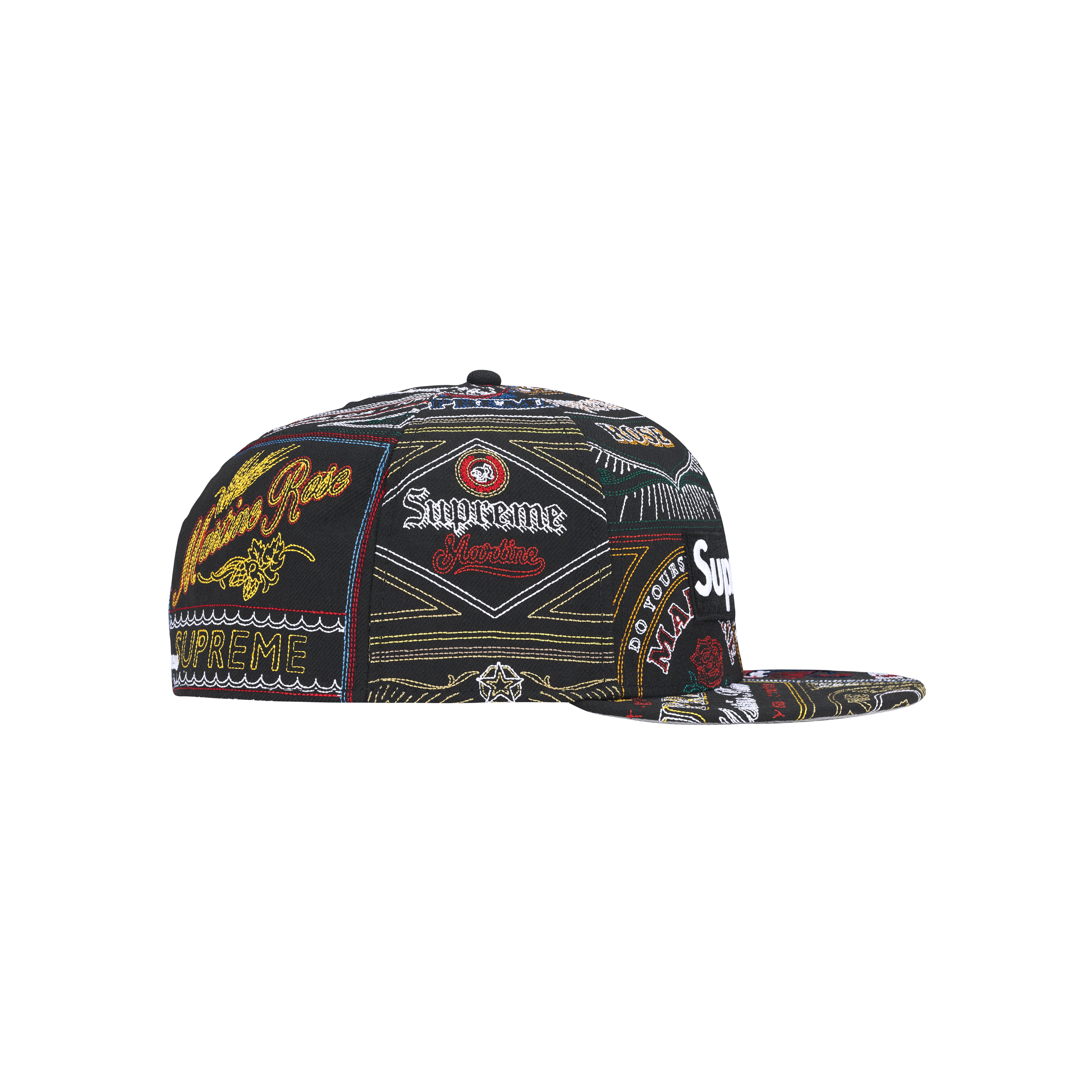 PREORDER SUPREME®/MARTINE ROSE® PATCHWORK LABELS BOX LOGO LEATHER NEW ERA® in BLACK MULTI | Martine Rose