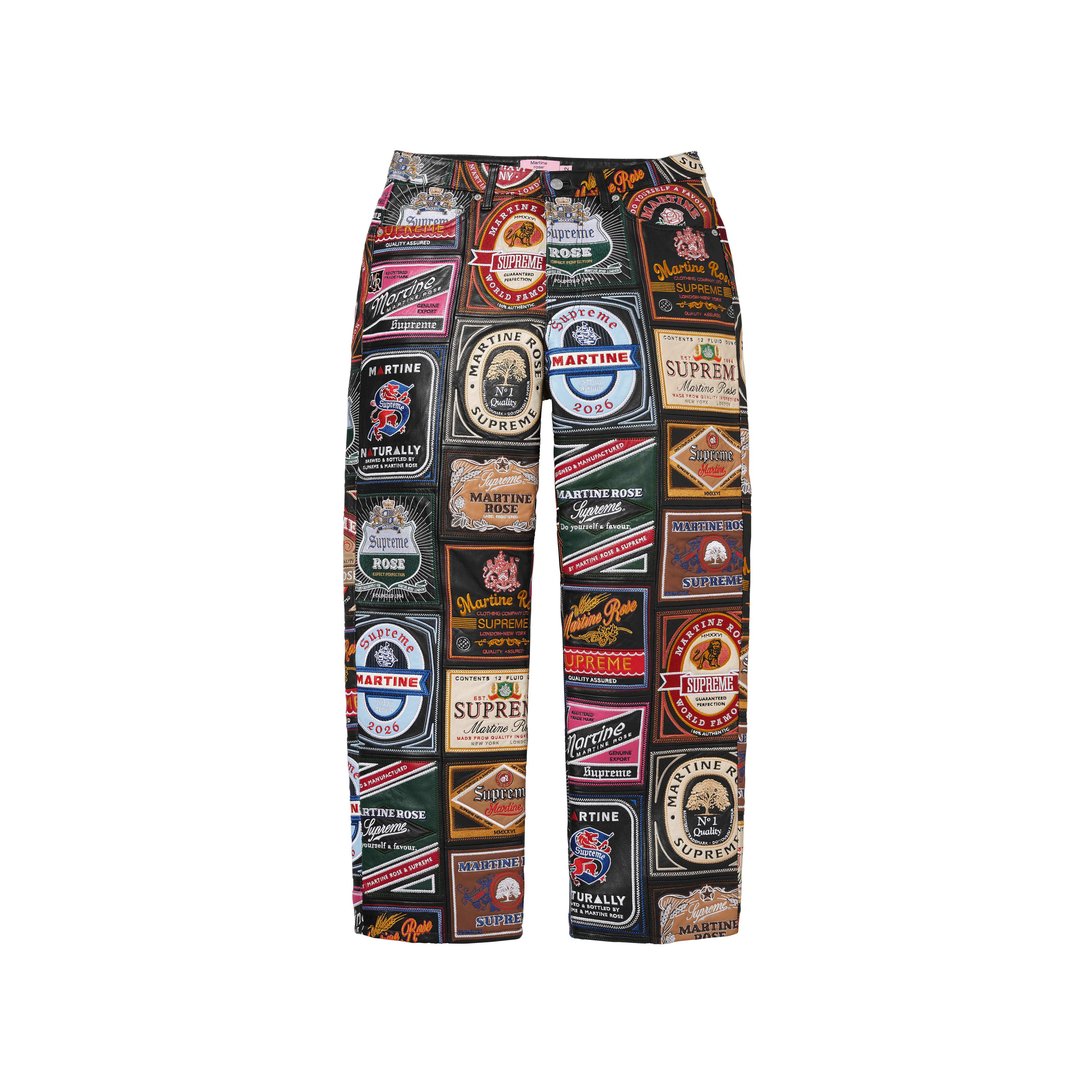 SUPREME®/MARTINE ROSE® PATCHWORK LABELS LEATHER 5-POCKET JEAN in BLACK MULTI | Martine Rose