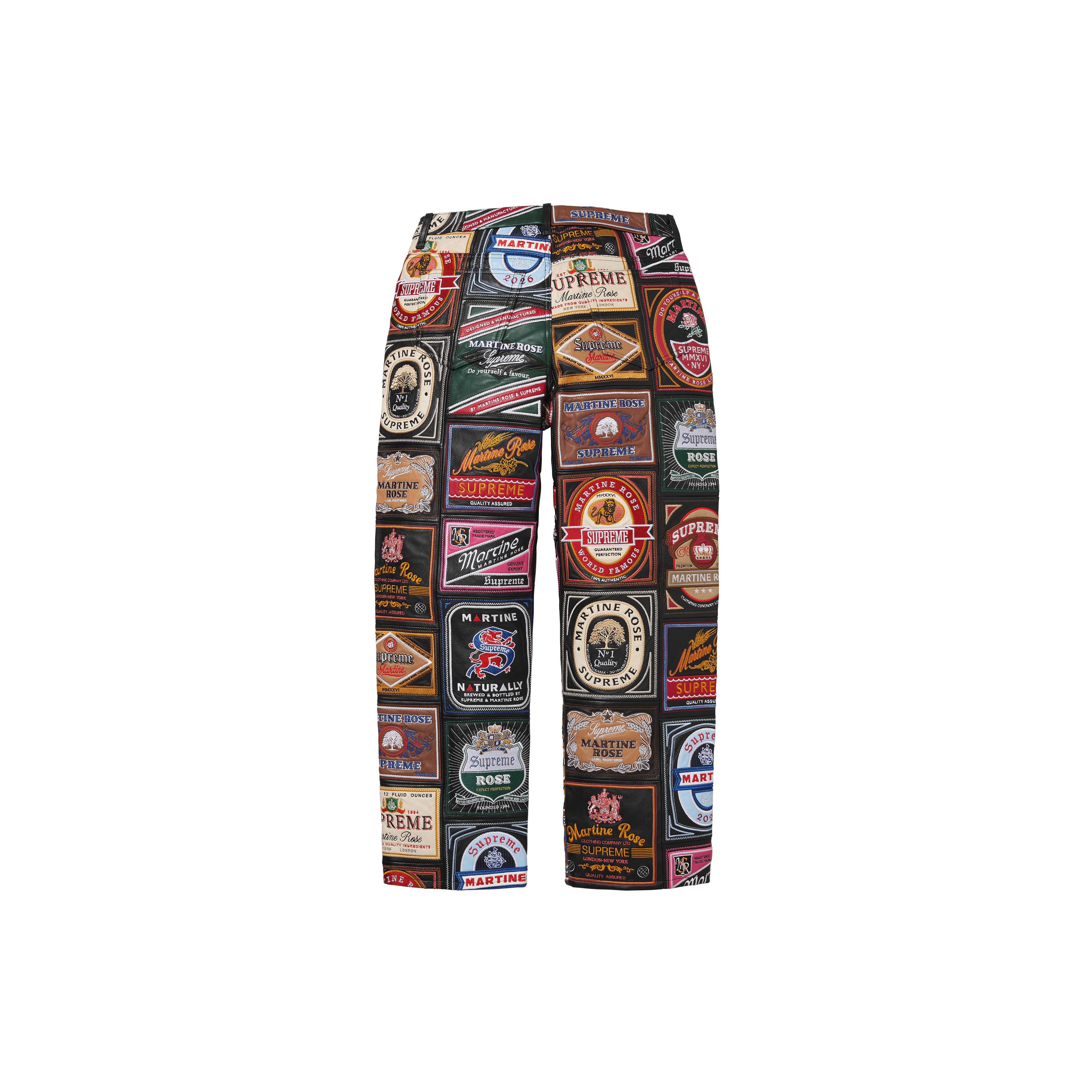 SUPREME®/MARTINE ROSE® PATCHWORK LABELS LEATHER 5-POCKET JEAN in BLACK MULTI | Martine Rose